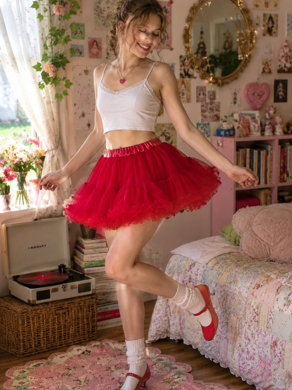 Red Metallic Tutu Skirt Costume Festival Dance Ruffle Mesh Layered Red